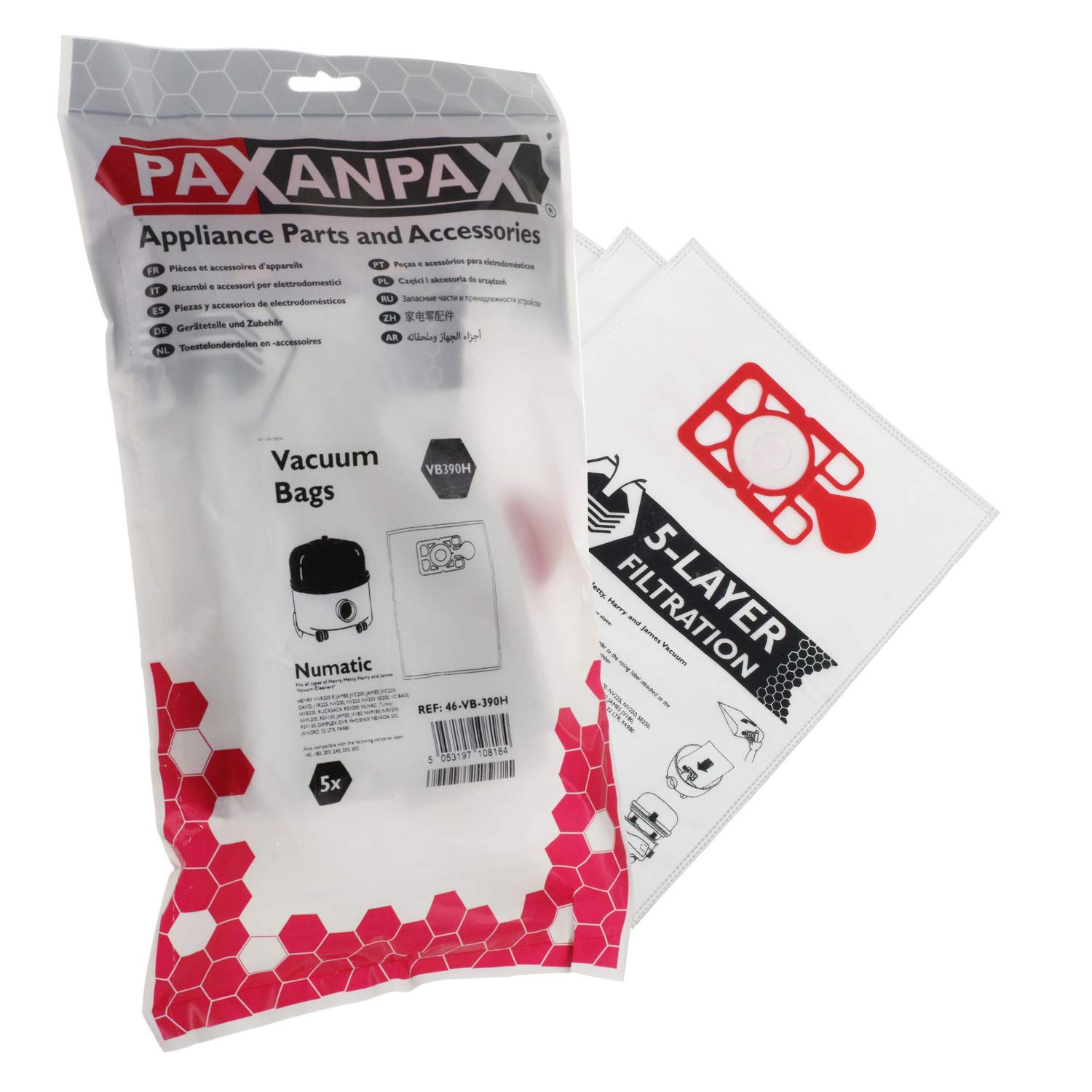 Paxanpax VB390H Compatible SMS Bags Numatic 'NVM-1CH' Henry Series (Pack of 5), White