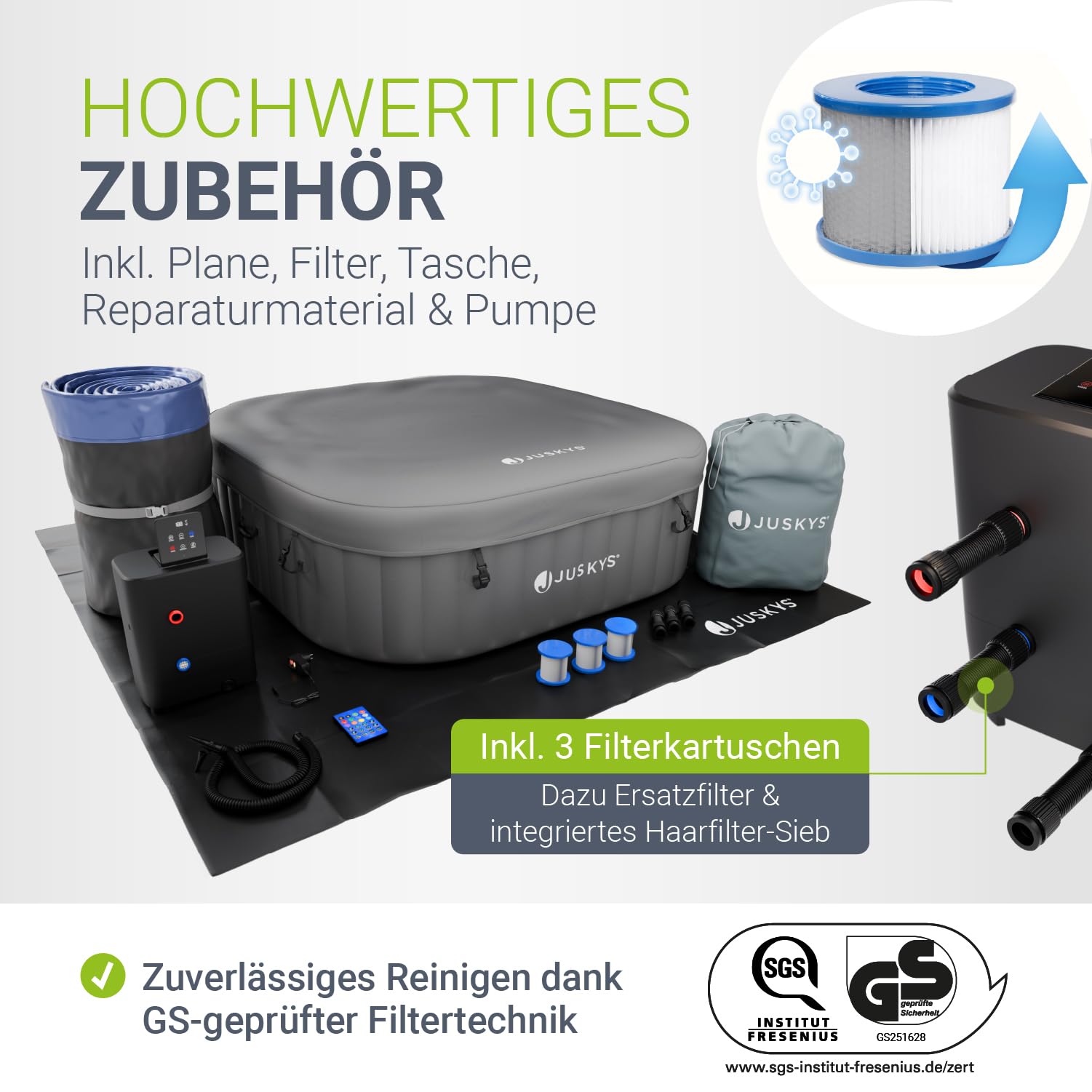 JUSKYS® Whirlpool SpaLuxe – Aufblasbar, Outdoor & Winterfest, 130 Sprudeldüsen, 3000W, PVC laminiert, Grau/Blau 3
