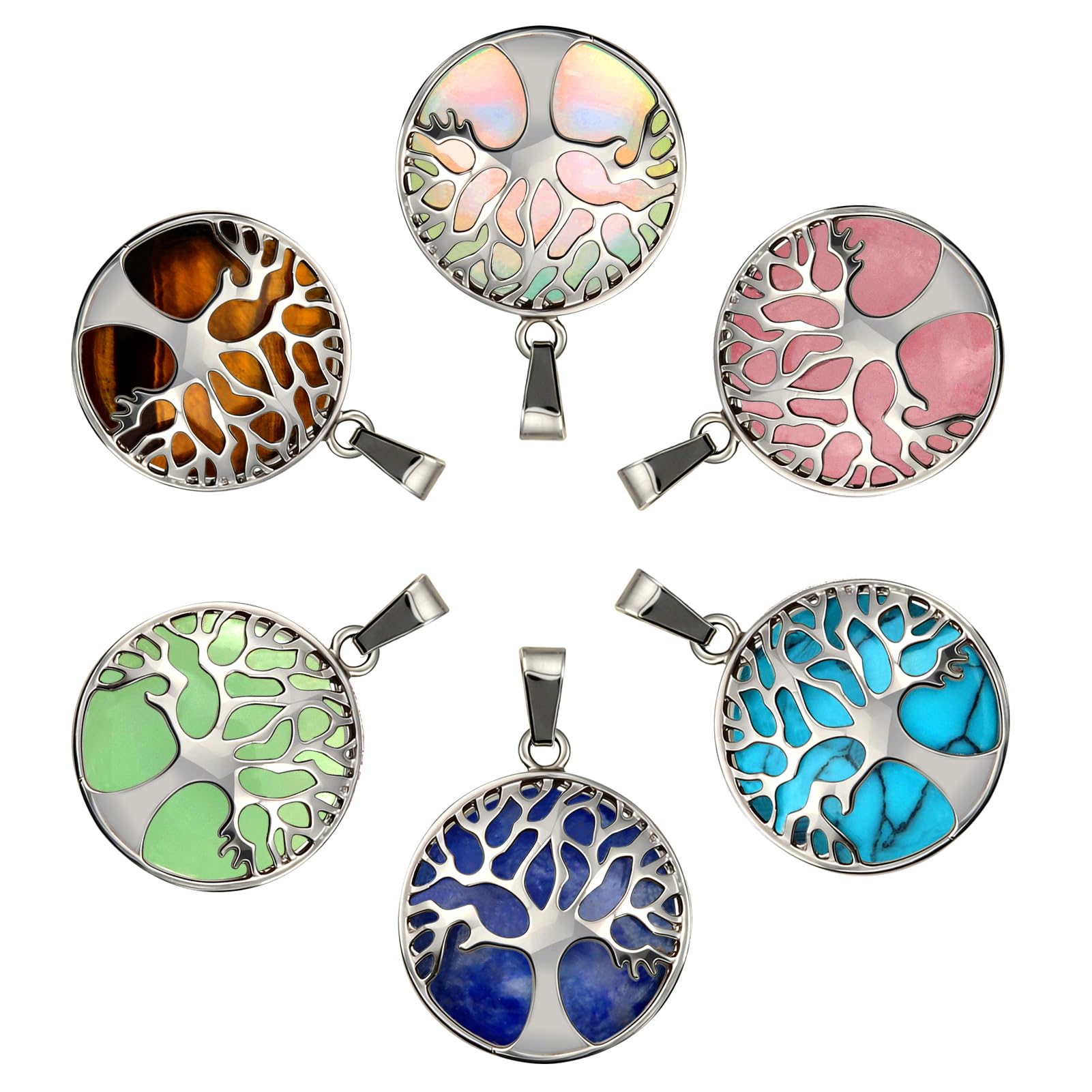 TOAOB 6 Pieces 27 mm Round Natural Tree of Life Stone Pendant with Alloys and Natural Precious Stones Healing Crystal for Jewellery Making