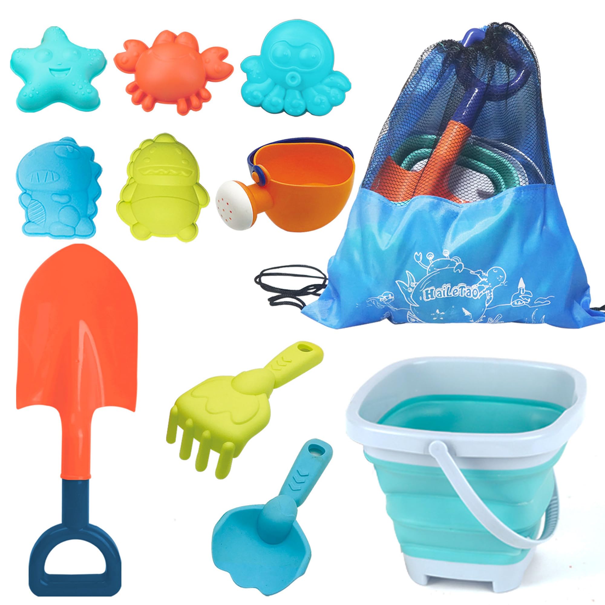 Photo 1 of HaiLeTao Beach Toys Set for Kids -Collapsible Sand Bucket&Mesh Beach Bag and Shovels Sand Rake Toy 11Pcs Set, Animal & Dinosaur Molds,Fork,Rake&Watering Can for Toddlers Ages 3+