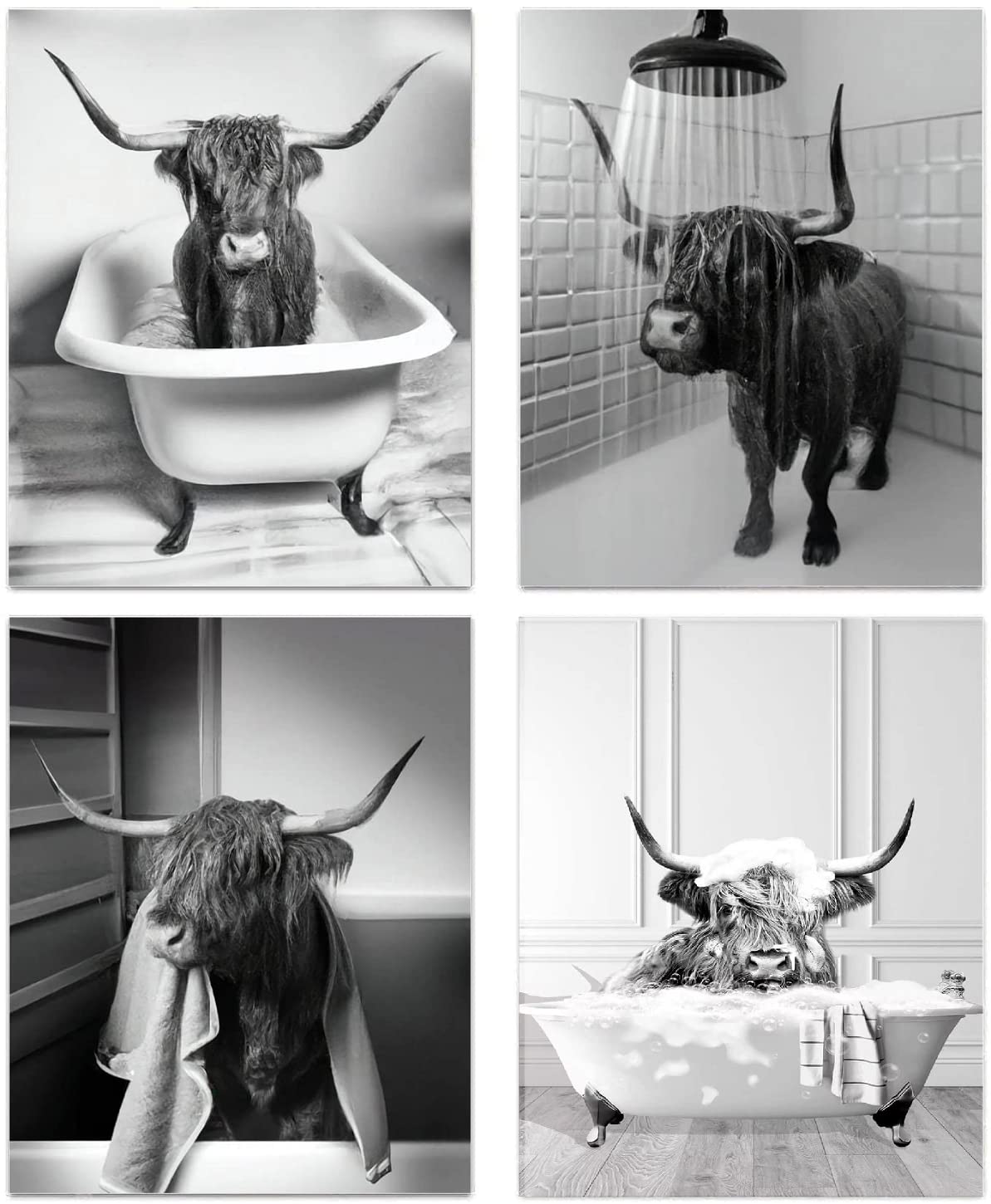 ENROR Bathroom Picture Set, 4-Piece Black White Canvas Art Prints Cow Picture, Modern Funny Toilet Poster, Without Frame (30 x 40 cm x 4)
