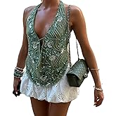 Sequin Top for Women Sexy Sparkle Halter Sleeveless Backless Deep V Neck Embroidered Top for Streetwear