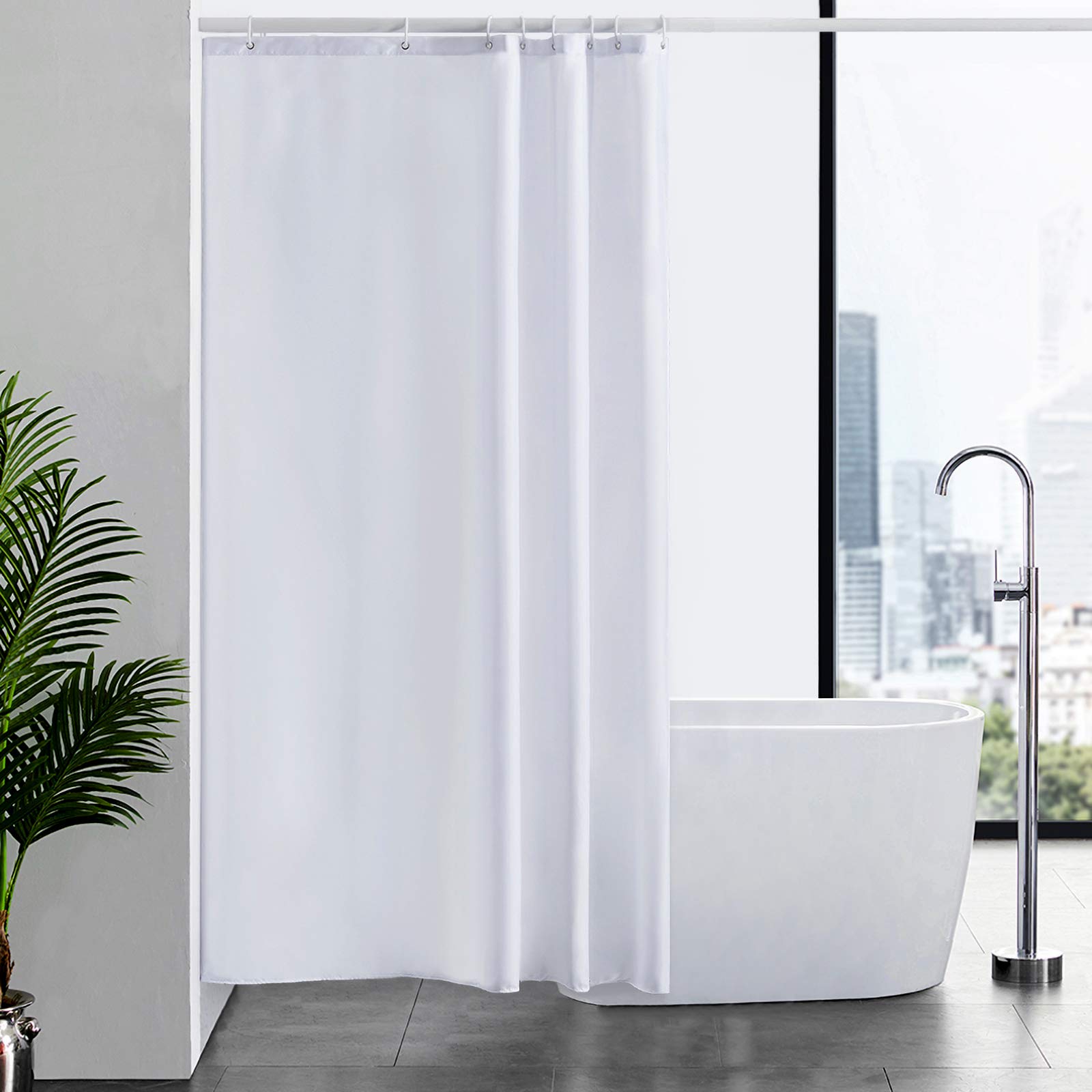 Furlinic White Shower Curtain Mould Proof Resistantand Waterproof Washable Polyester Fabric Bath Curtains with Weight Tape 8 Hooks for Wetroom 47x78 Inch 120x200cm.