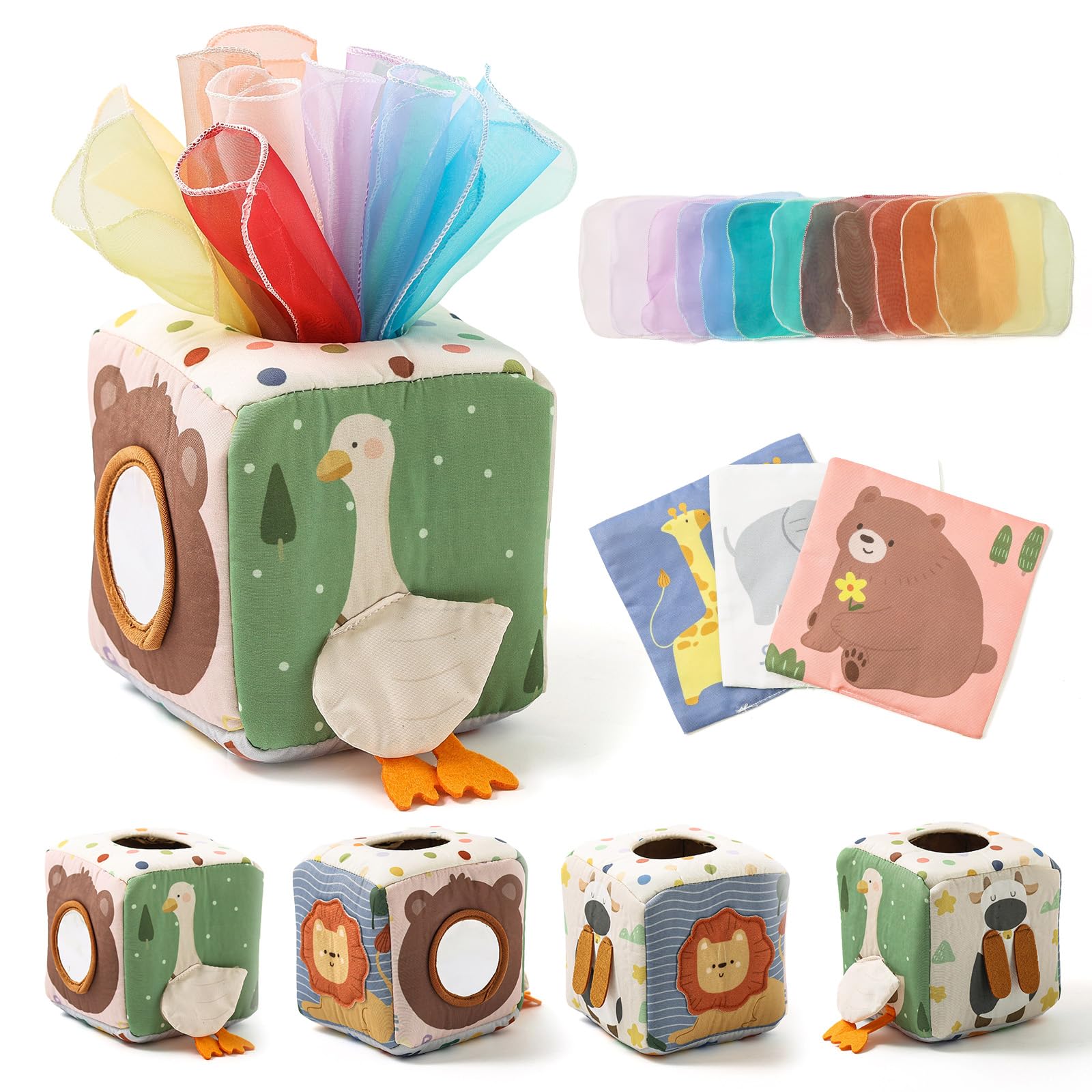 WOODEN TEETHER Baby Tissue Box Toy Sensory Toys, 6-12 Months Sensory Baby Toy with Mirror, Colours, Textures, Children's Early Learning Toy for Boys Girls Gifts (forest animals)