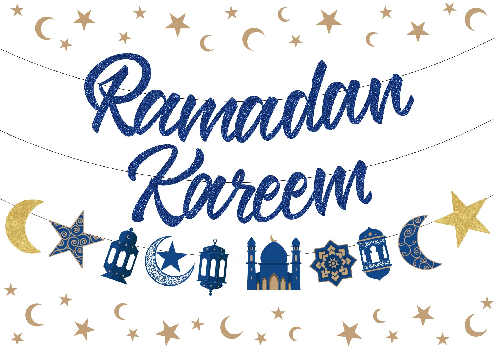 Ramadan Kareem Banner Moon and Star Garland, Glitter Eid Ramadan Mubarak Muslim Islamic Party Indoor/Outdoor Hanging Decorations
