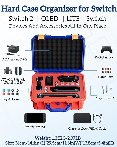 TANREGINAL HARD CARRYING CASE FOR NINTENDOO SWITCH 2 , PORTABLE SWITCH 2 PROTECTIVE CASE FOR NINTENDOO SWITCH 2 CONSOLE AND ACCESSORIES —「ALL IN ONE PLACE，CLASSIC RED-BLUE，COMPACT INTERNAL STRUCTURE」