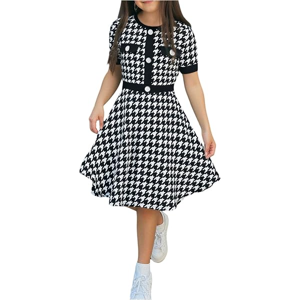 SweatyRocks Girls Houndstooth Halter Dress - Sleeveless Button Front Birthday Party Dress