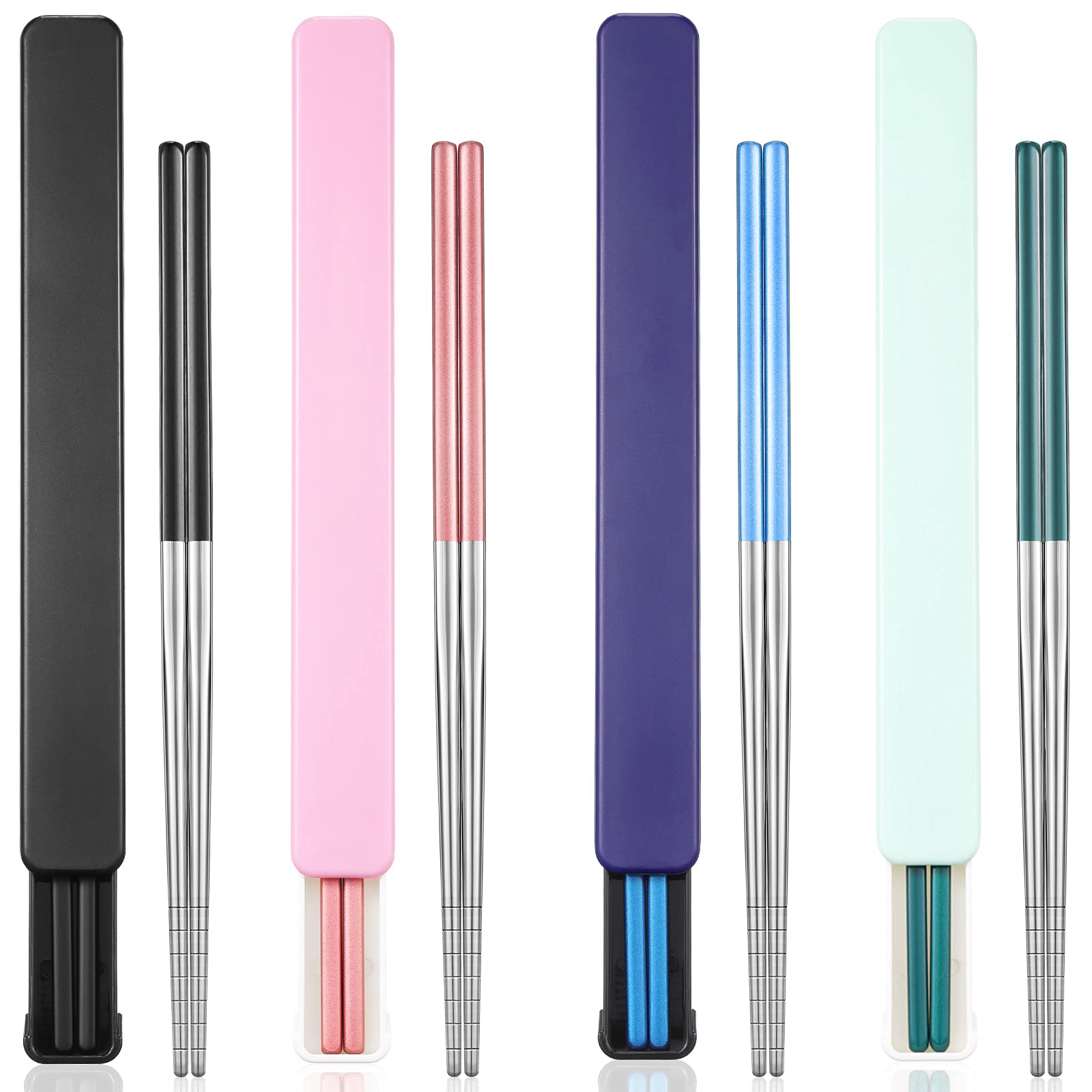 Photo 1 of Patelai 4 Pairs Portable Chopsticks with Case Stainless Steel Chopsticks Reusable Portable Utensil for Home Office Camp Travel Bento Box