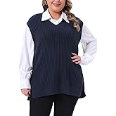 Agnes Orinda Plus Size Sweater Vest for Women V Neck Sleeveless Pullover Split Hem Knit Vest Classic Sweater Tops
