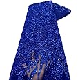 Tngan Botanical Flower Sequin French Lace Fabric Bead Heavy Craft Tulle Net Fabric for Trailing Dress, 5 Yards, Royal Blue