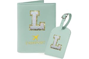 COSHAYSOO Green Passport Cover and Luggage Tag Set TSA Approved with Her Initial Chenille Letter Patch, Fashionable Travel Bag Backpack Suitcase Identifier Gifts for Granddaughter Grandma Mother (L)