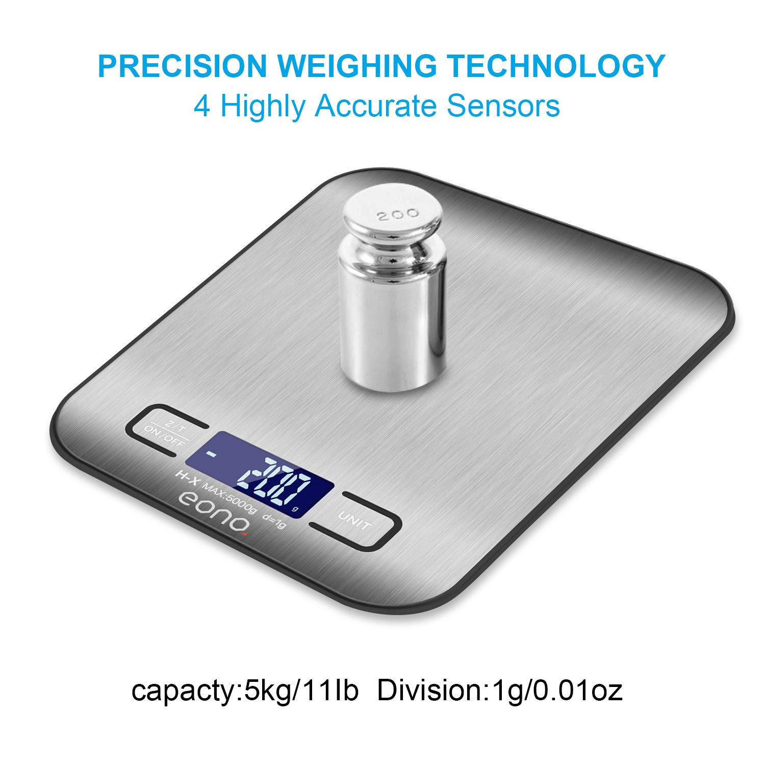 Eono by Amazon - Digital Kitchen Weighing Scale, Premium Stainless Steel Food Scales Weight Grams and Oz for Baking and Cooking 5KG/1g- 15Yr Guarantee