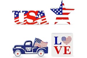 Poschnor 4th of July Decorations, Wooden Star USA LOVE Car Signs, Memorial Day Decorations, Patriotic Decorations, Fourth of July Table Decorations, Red White and Blue Decorations, 4Pcs