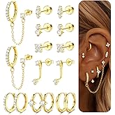 Dochais Hypoallergenic Flatback Stud Hoop 14K Gold Plated Earrings Stacks - Surgical Stainless Steel Earring Set Chain Cartilage Earrings - Small Ear Piercing Flat Back Earring for Women Trendy