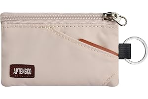 APTENSKO RFID Travel Wallet with Adjustable Lanyard-Zipper Small Wallet with ID Card Holder, Keychain for women&men-Minimalist Slim Waterproof Nylon case for ID, Cash, Key (Almond White)