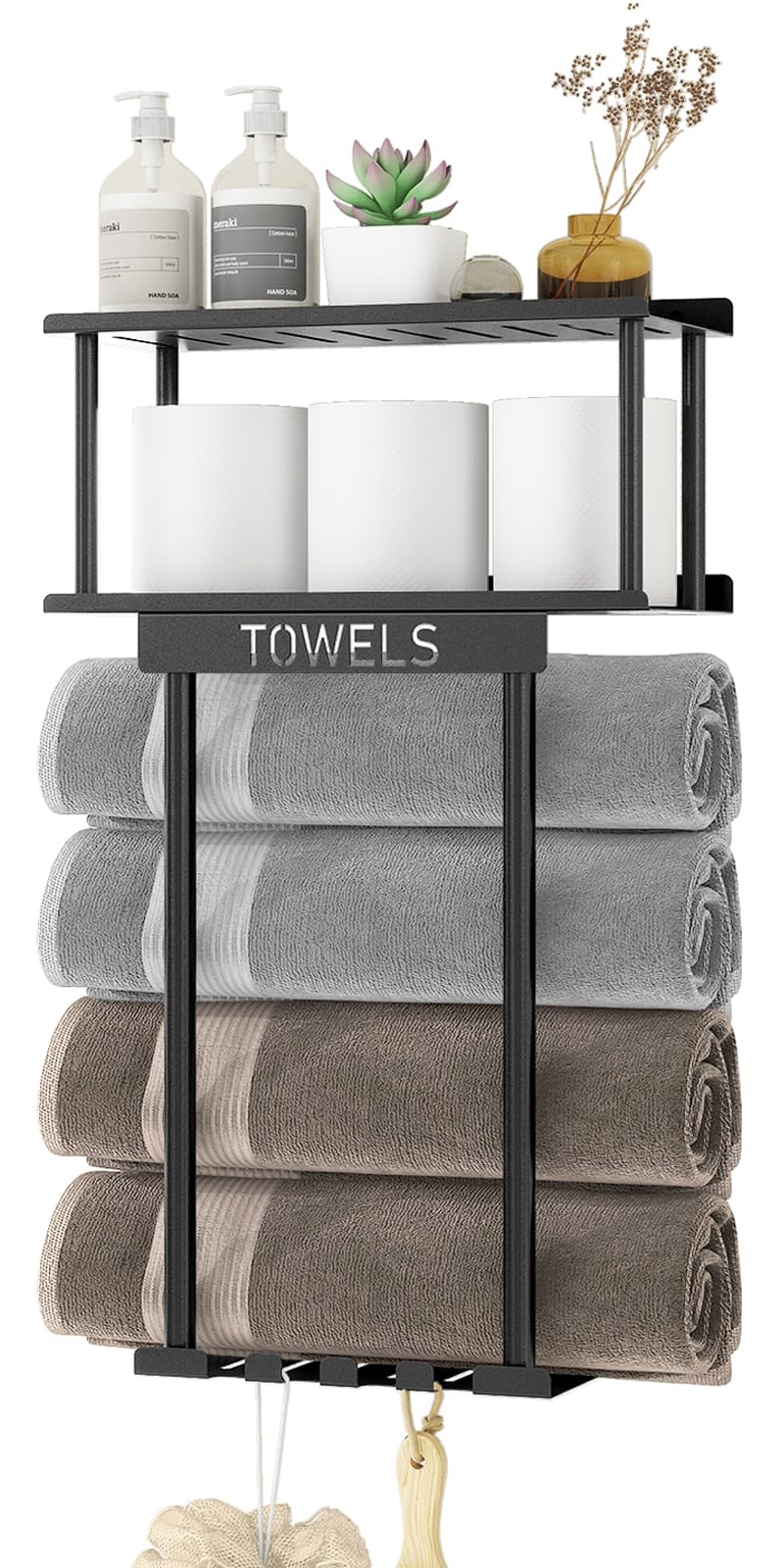 Photo 1 of KLJKPA Towel Racks for Bathroom Wall Mounted, Metal Bath Towel Rack for Rolled Towels, Wall Towel Storage Holder with Shelf & Storage Basket, Towel Organizer with Hooks for Small Bathroom - Black