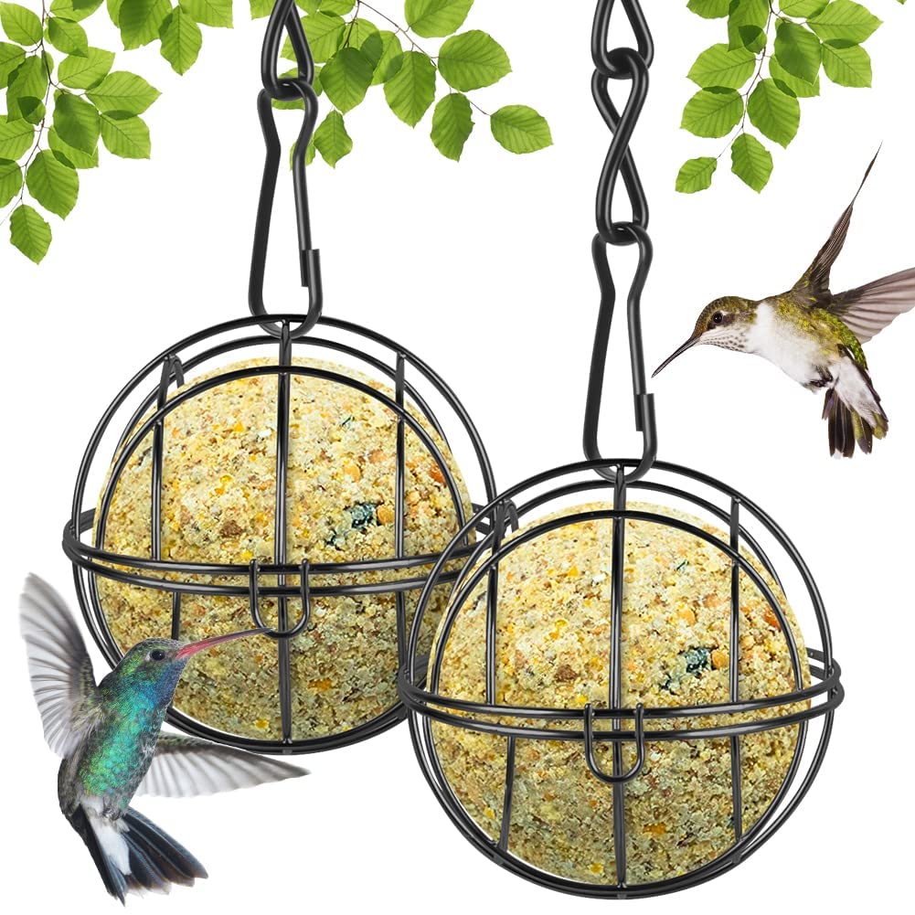OFFCUP Fat Ball Bird Feeder, 2pcs Metal Fat Ball Bird Holder, Hanging Bird Feeder Holder Spherical with 2 S-shaped hooks for Outdoor Garden Wildlife Birds Finch Sparrow Robin (Black)