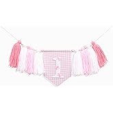 Pink Bow 1st Birhday High Chair Banner for Girls - Pink and White Gingham Tassel Highchair Banner, Coquette Girl 1st Birthday Decor, Girls Just Wanna Be One Bday Decorations