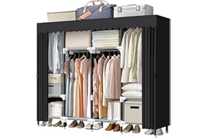 LOKEME Portable Closet, 67 Inch Wardrobe Closet for Hanging Clothes with 4 Hanging Rods, 25mm Steel Tube Clothes Storage Organizer for Extra Sturdy, Quick and Easy to Assembly, Black Cover