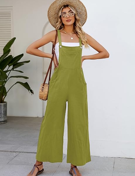 EISCTND OVERALLS WOMEN SLEEVELESS BAGGY JUMPSUIT FOR WOMEN COMFORTABLE CASUAL WIDE LEG ROMPERS WITH POCKETS LIGHTGREEN XXL