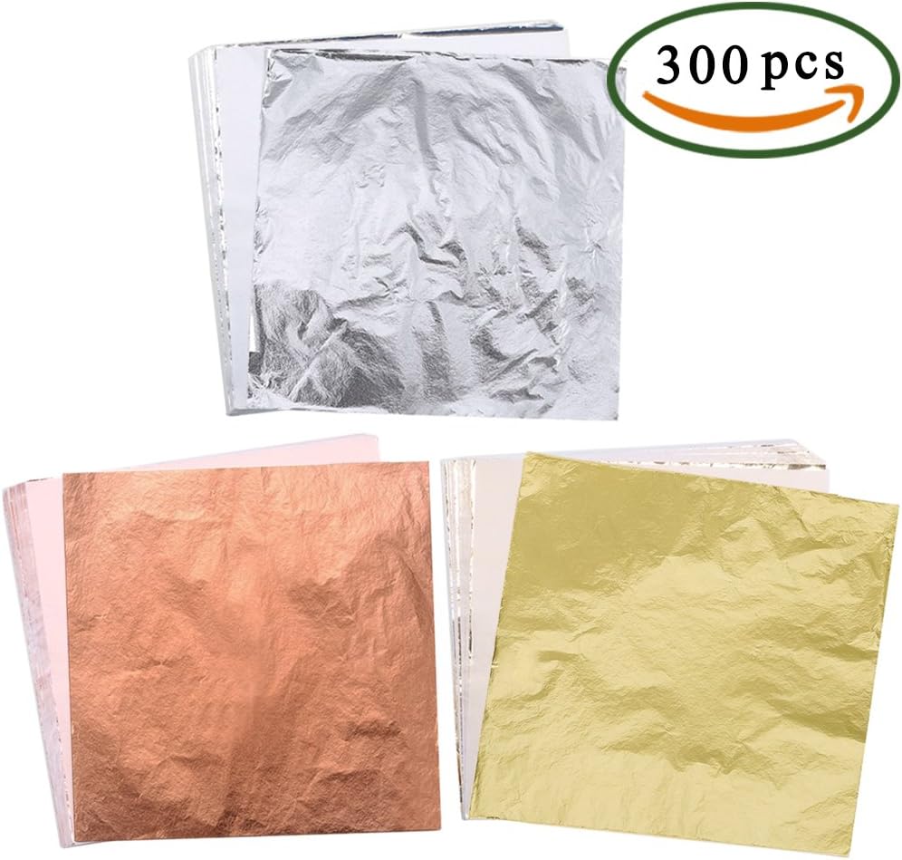 Pulluo 300pcs Imitation Gold Leaf Sheets Double Sided Foil Paper 3 Colour Golden Silver Rose Gold for Art Project Cakes Makeup Gilding Paintings Decorataion