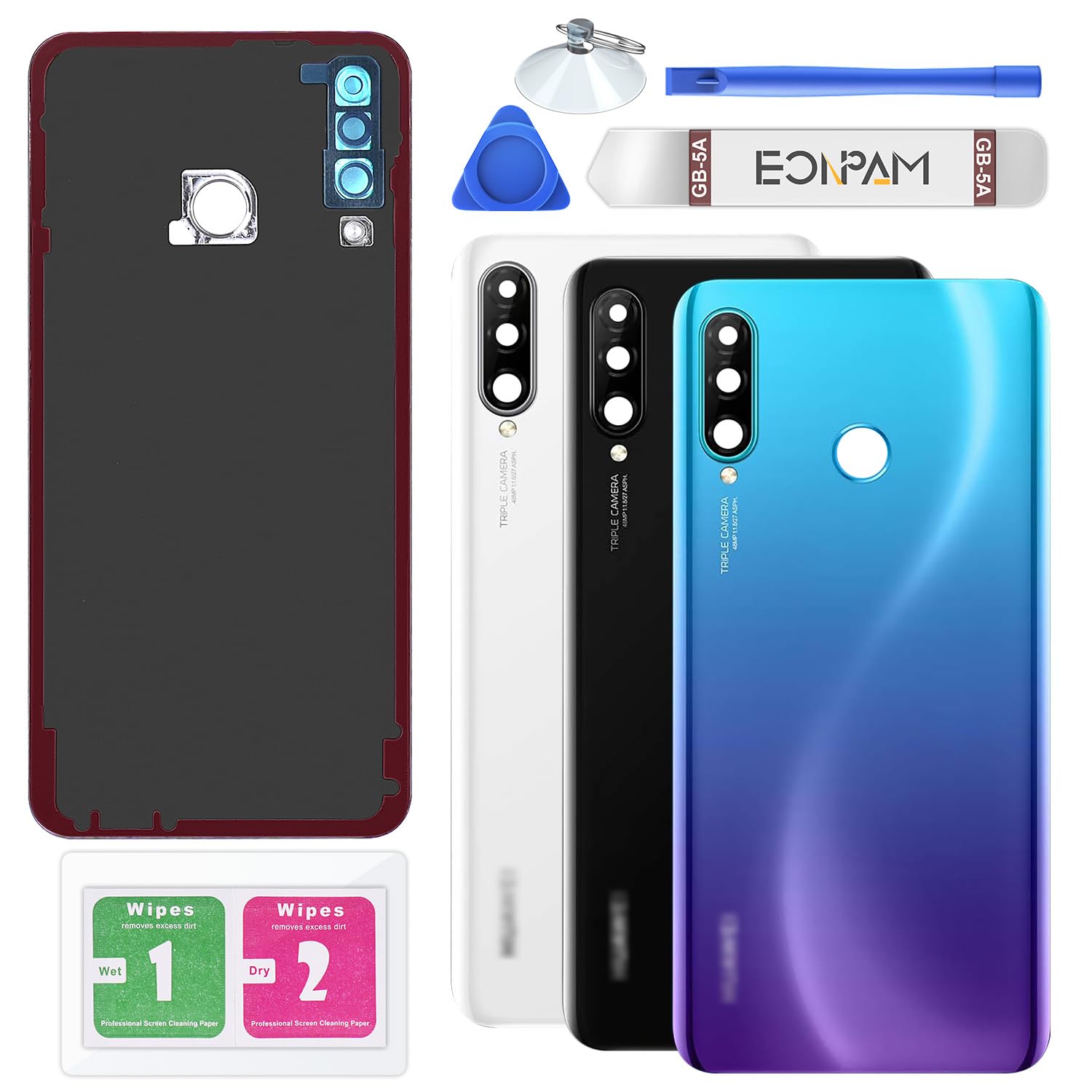 Eonpam Back Cover Glass for Huawei P30 Lite Rear Glass Replacement with Camera Lens + Repair Kit Genuine Rear Housing (Peacock Blue)