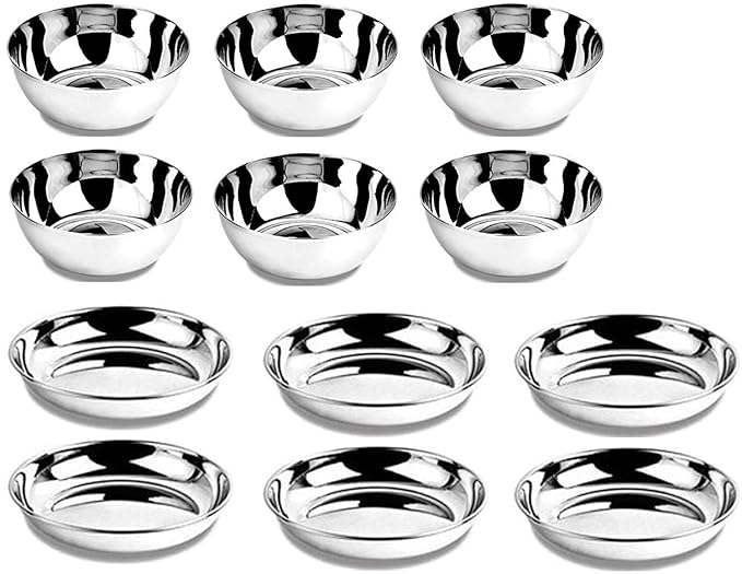 Salonica Stainless Steel Veg Bowl and Sweet Dish Combo Medium Size Set of 12 Katori Vati Halva Plate Ice Cream Serving Dish