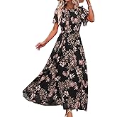 Simplee Womens Summer Floral Summer Maxi Dresses Boho Flowy Flutter Short Sleeve Crew Neck Vacation Smocked Chiffon Dress