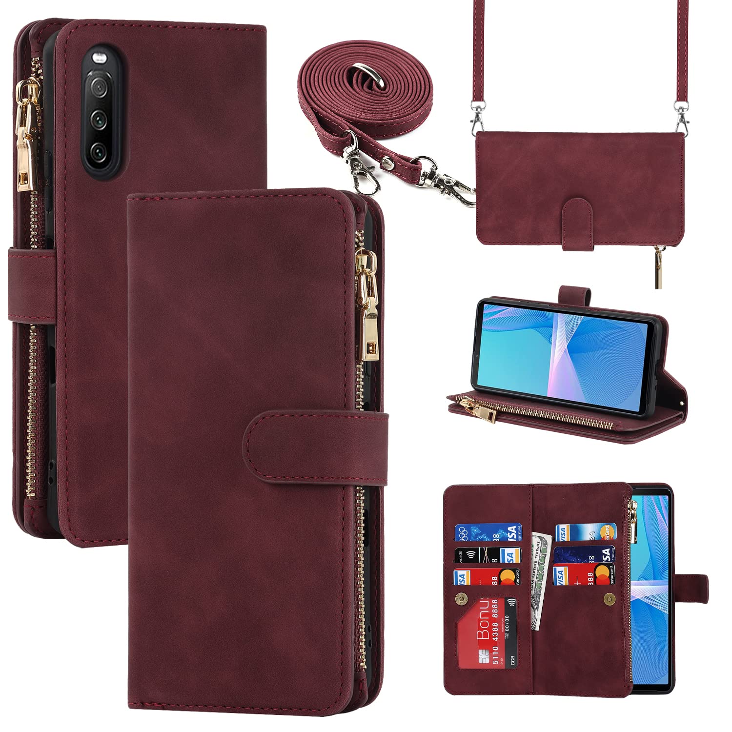 Cavor Phone Case Compatible with Sony Xperia 10 III Case With Card Holder With Strap,Flip Leather Wallet Case,[9 Card Holders][Zipper Pocket],Crossbody Cover Case for women - Red
