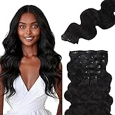 Lashey Seamless Clip in Hair Extensions Human Hair #1 Jet Black Body Wave Clip in Hair Extensions Real Human Hair 7pcs 110g 14 Inch PU Weft Natural Hair Extension for Women