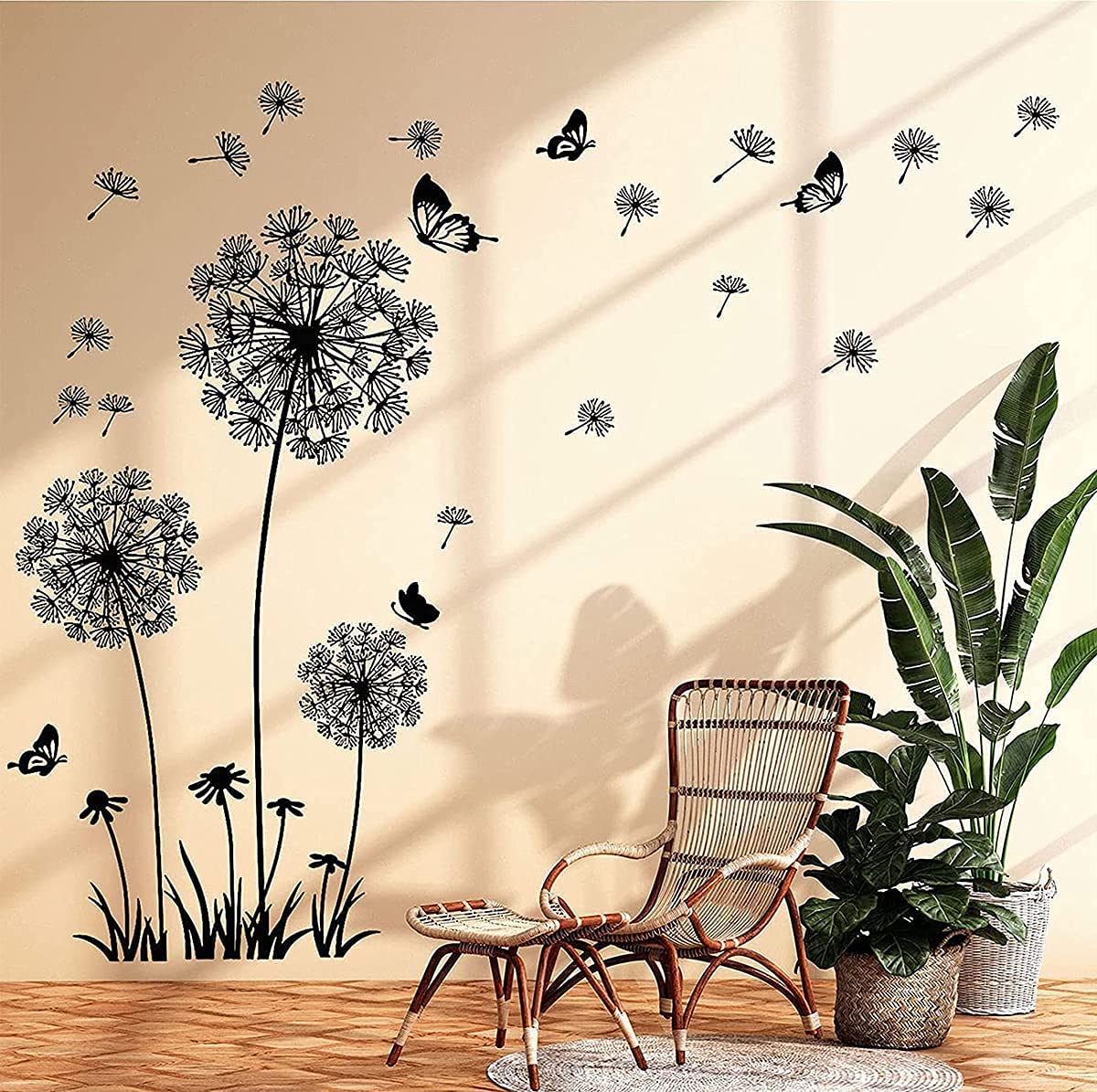 Runtoo Giant Dandelion Wall Decals Flying Flowers Butterflies Wall Stickers Plants Wall Art Living Room Bedroom Decor [Black]