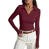 Prettywear Womens Long Sleeve Polo Shirts Business Casual Work Top Blouse Fitted Collared V Neck 2026 Spring Fashion Clothing