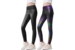 Kirinkylin Girls Metallic Leggings High Waisted Sparkly Yoga Pants Shiny Running Dance Tights for Kids Youth Teen, 2 Pack