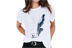 ATTINE Plus Size Tops for Women, Womens fether Pattern Print Solid Color Shirts Short Sleeve Blouse Crewneck Fashion Tops