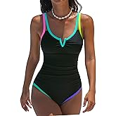 popvil One Piece Swimsuits Women 2026 Tummy Control - Modest Bathing Suit Shapewear Swimwear Retro Neon Swim Suit