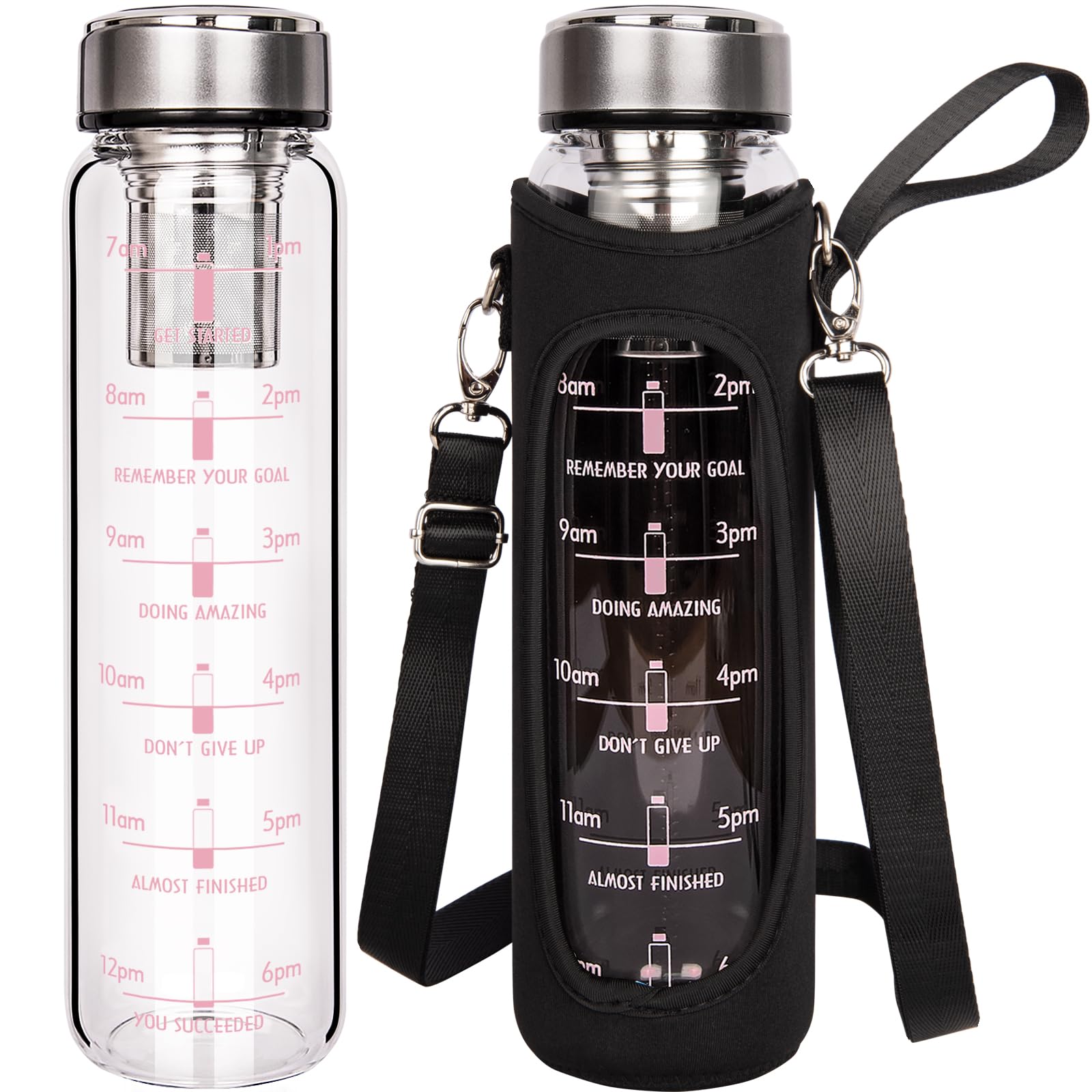 DEARRAY 1l / 1000ml Glass Water Bottle with Time Markings, 1 Liter Tea Drinking Bottle with Stainless Steel Infuser Loose Leaf Tea, Cold Brew Coffee