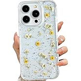 LSEEKA for iPhone 15 Pro Clear Case with Pressed Real Flowers Design,Glitter Cute Yellow Floral Pattern Slim Soft TPU Protective Women Girl's Phone Cover for iPhone 15 Pro