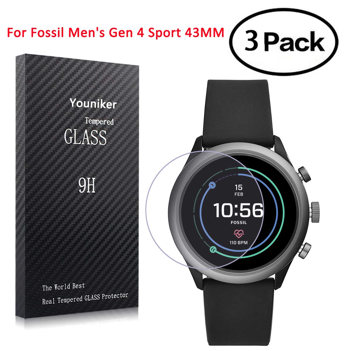 Youniker 3 Pack for Fossil Sport 43mm 2018 Screen Protector Tempered Glass for Fossil Men's Gen 4 Sport 43MM Screen Protector Foils Glass 9H 0.3MM Anti-Scratch Anti-Fingerprint Bubble Free