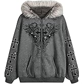 BEAUDRM Women's Y2K Gothic Fur Hoodie 2000s Emo Grunge Punk Hoodie Zip Up Oversized Jacket Fleece Streetwear