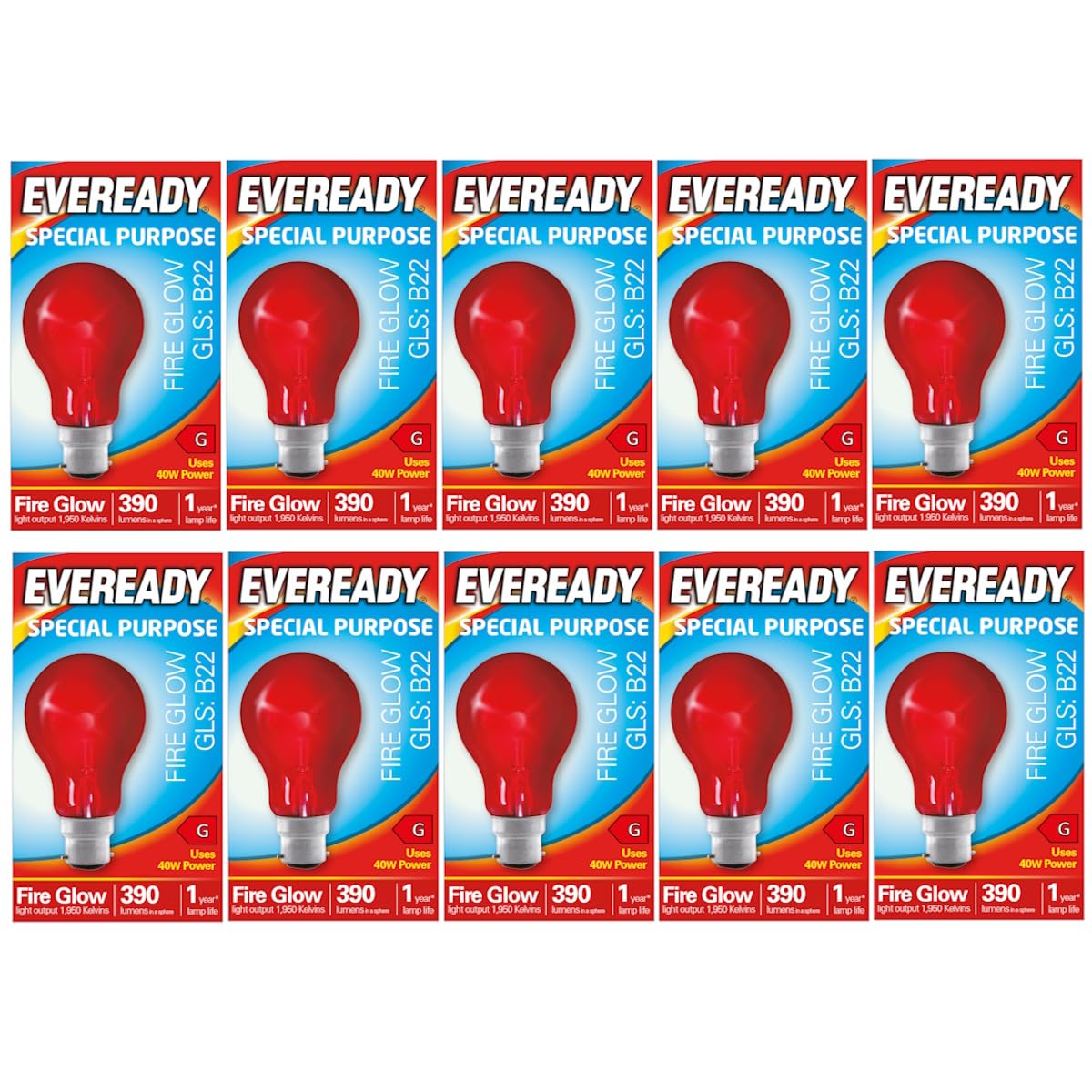 EVEREADY 40W B22 FIREGLOW GLS - PACK OF 10