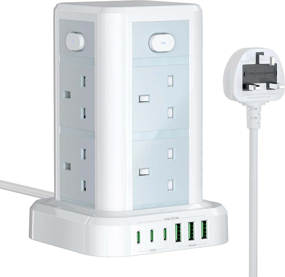 Toomke 8 Way Tower Extension Lead with USB C and USB A 1.8m 13A 3250W