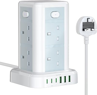 Toomke 8 Way Tower Extension Lead with USB C and USB A 1.8m 13A 3250W