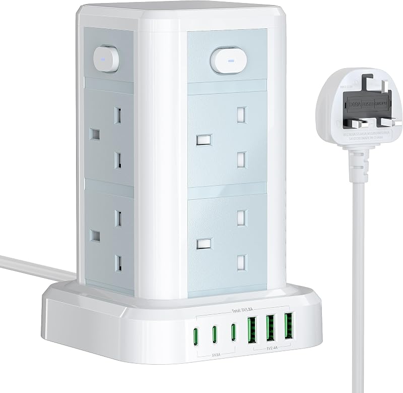 Toomke 8 Way Tower Extension Lead with USB C and USB A 1.8m 13A 3250W