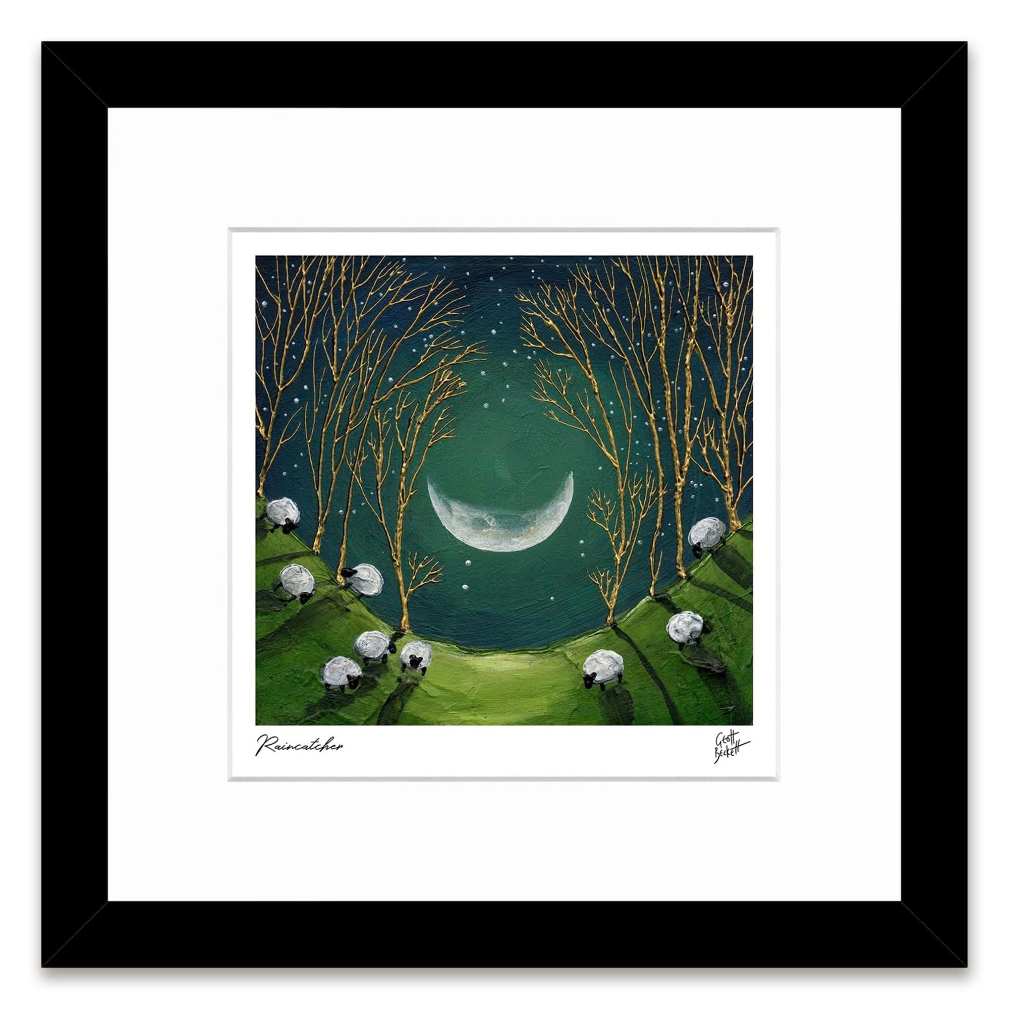 Artko Sheep & Moon Framed Print Wall Art - 'Raincatcher' by Geoff Beckett - Cute Animal Picture - Ready to Hang Home Décor - 33.5cm x 33.5cm