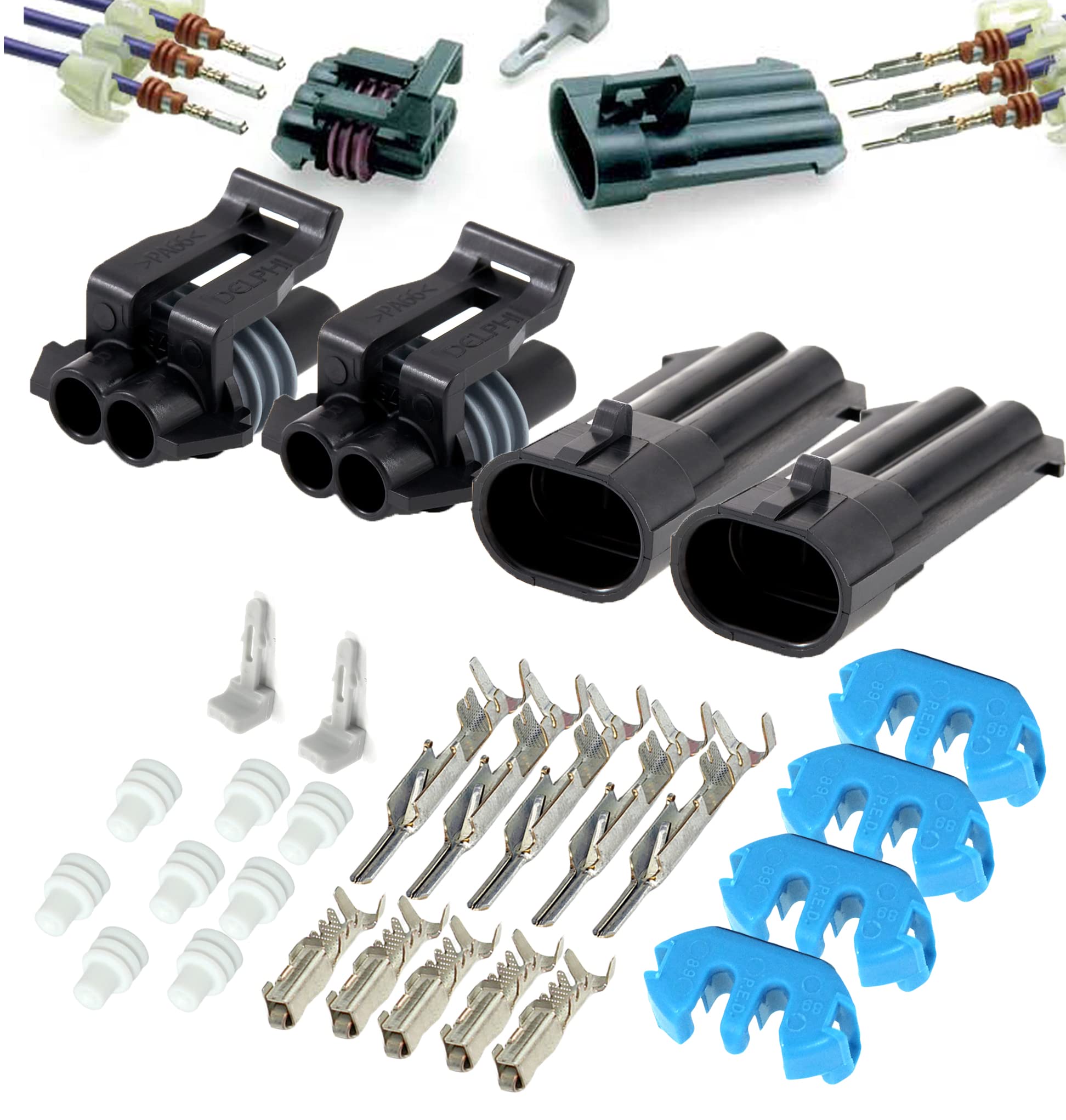 Photo 1 of (2-Pack) 2-Pin Metri-Pack 150 Series 2-Way 16V & 14amps Connector w/20 22 AWG Sealed