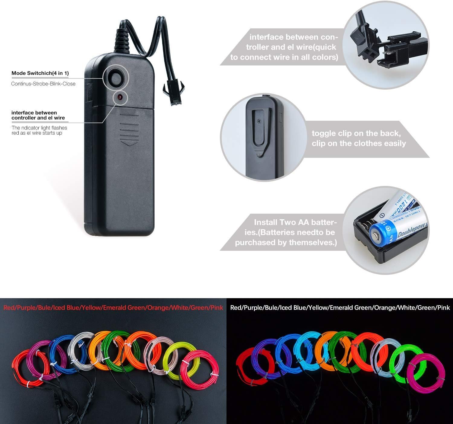 COVVY Neon Glowing Strobing Electroluminescent Light Super Bright Battery Operated EL Wire Cable for Cosplay Dress Festival Halloween Christmas Party Carnival Decoration (Red - Image 4