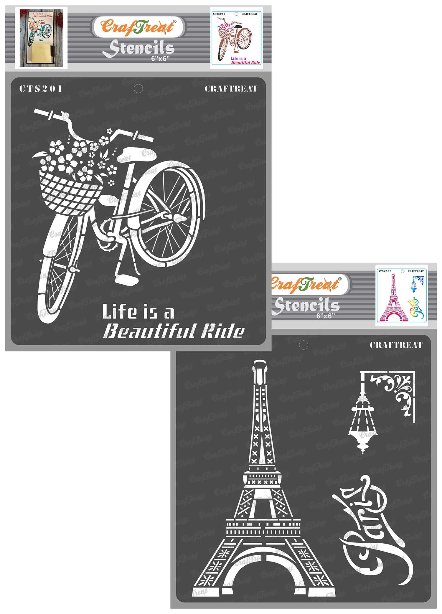 CrafTreat Reusable Stencils for Painting on Wood, Canvas, Paper, Fabric, Floor, Wall and Tile - Life is a Beautiful Ride and Paris - 2 Pcs - 6x6 Inch Each - DIY Art and Craft Stencils for Home Decor