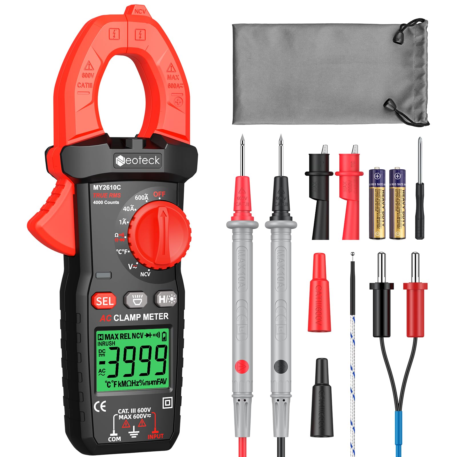 Photo 1 of Neoteck Clamp Meter 4000 Counts Amp Meter for TRMS AC Current AC/DC Voltage 600A Auto Range Digital Multimeter with Capacitance Continuity Resistance NCV Diode Test for Car Electric Cabinet
