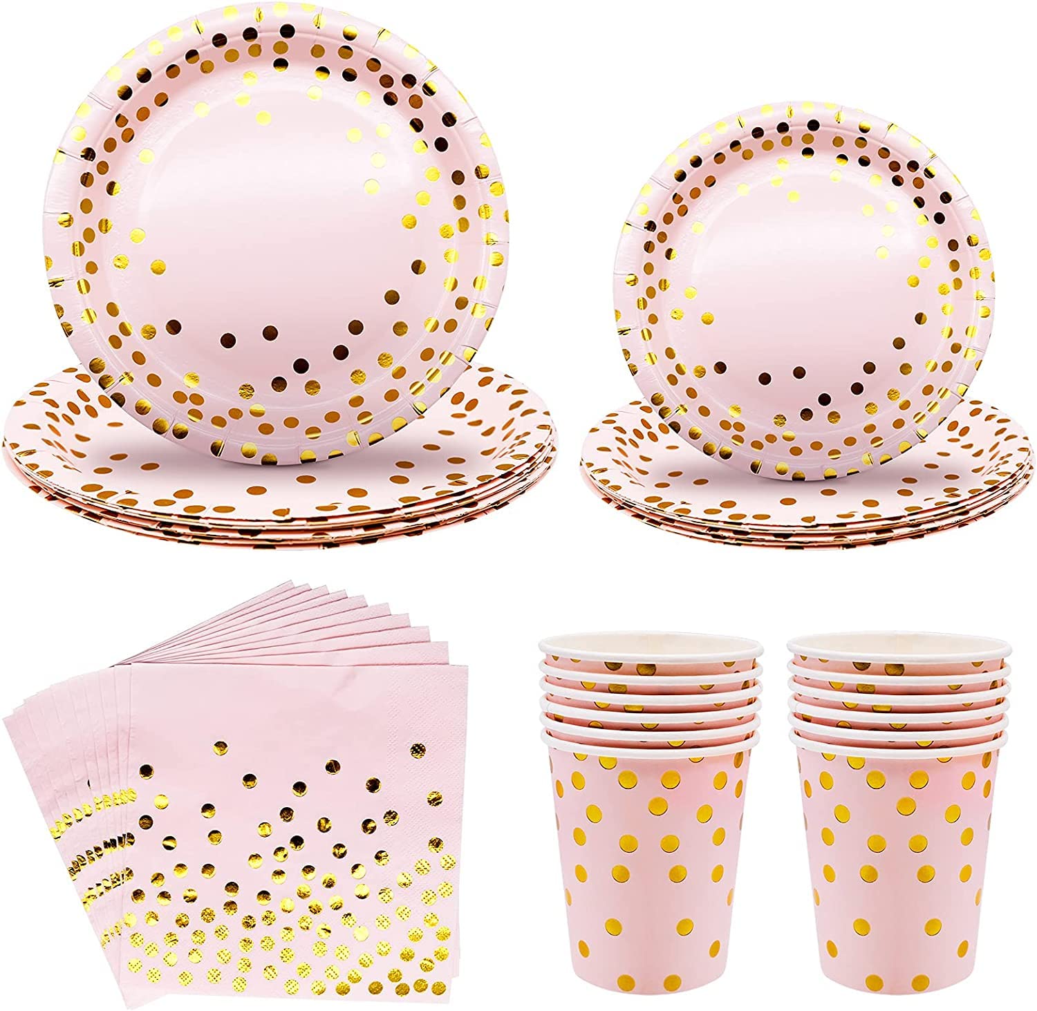 Pink Party Tableware Set for Girls - 40 Pcs Gold Dot Disposable Tableware Supplies Includes Pastel Paper Plates, Cups & Napkins, Ideal for Hen Party, Birthday, Baby Shower, Wedding & Bridal Shower