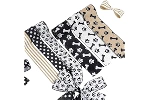 AGATIZ Dog Paw Print Ribbon 6 Rolls - 1.5 & 2.5 Inch, Black White Wired Edge Linen Ribbon with Dog Bones, Stripes & Polka Dot
